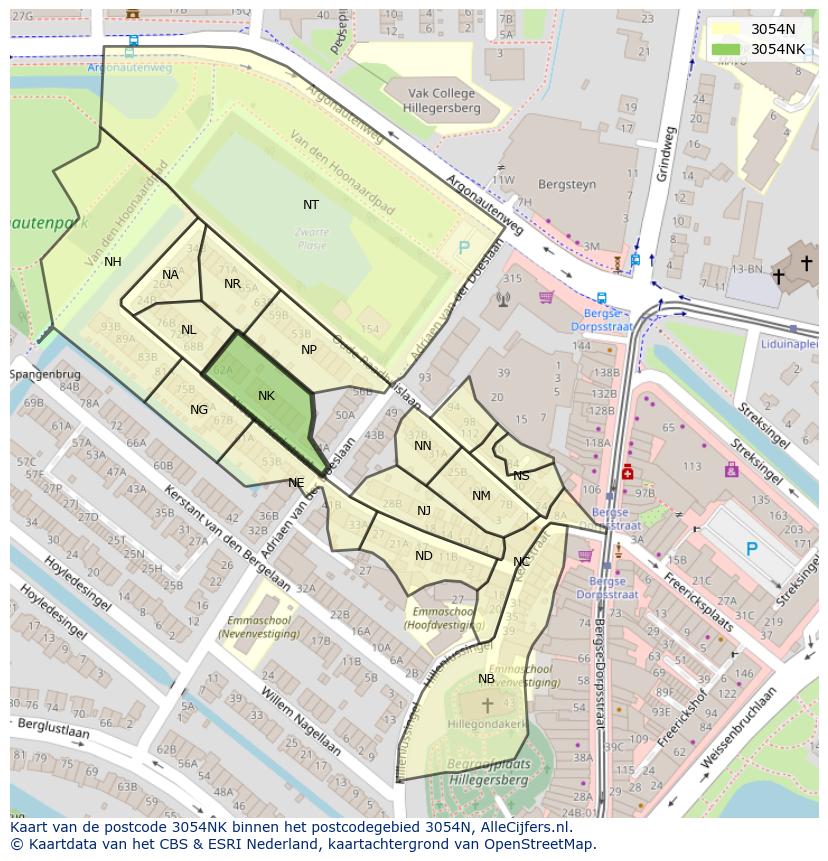 Afbeelding van het postcodegebied 3054 NK op de kaart.