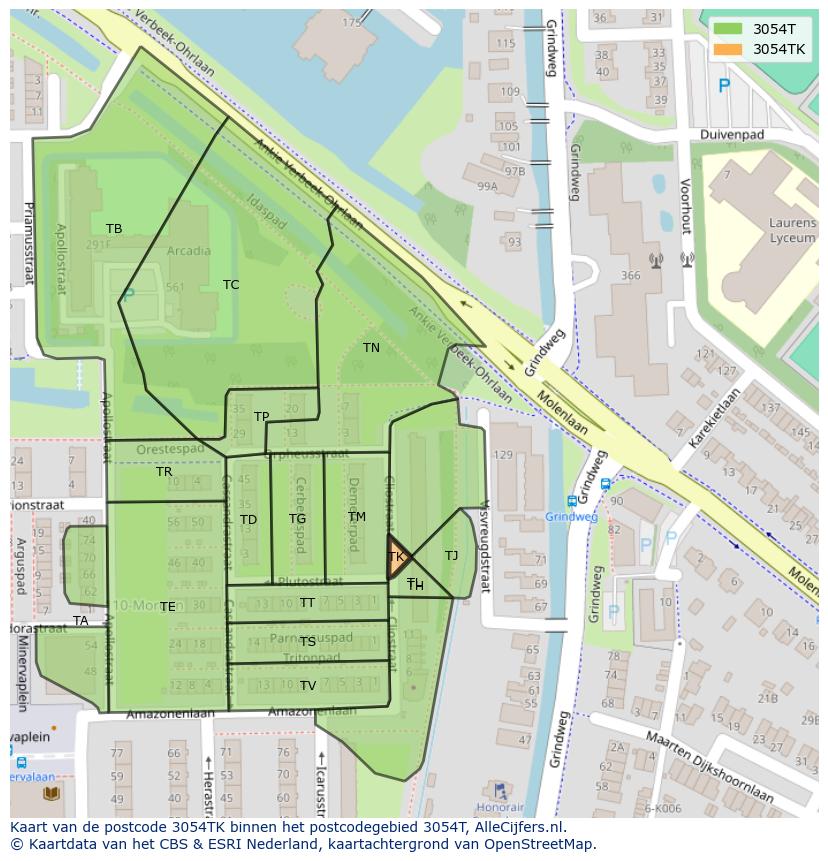 Afbeelding van het postcodegebied 3054 TK op de kaart.