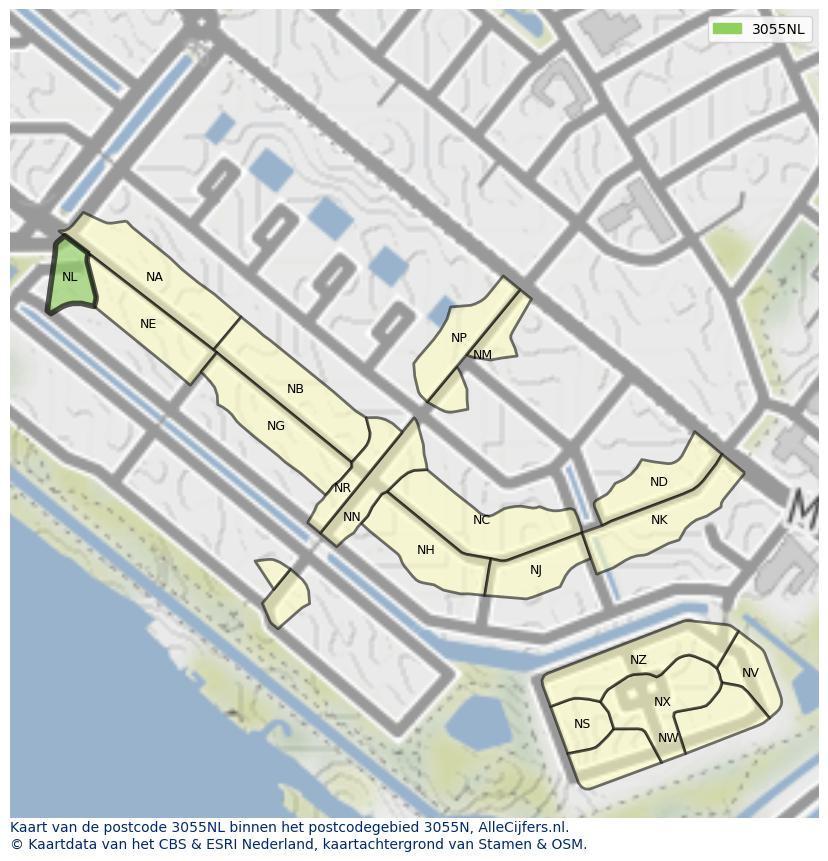 Afbeelding van het postcodegebied 3055 NL op de kaart.