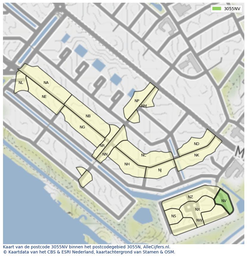Afbeelding van het postcodegebied 3055 NV op de kaart.