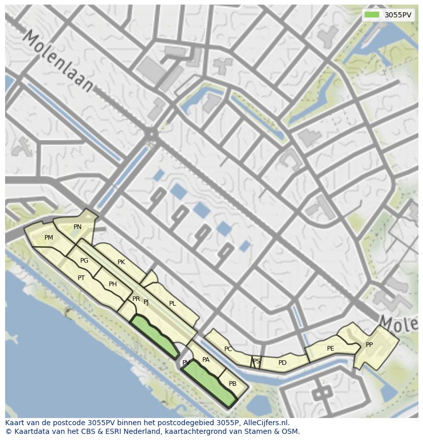 Afbeelding van het postcodegebied 3055 PV op de kaart.