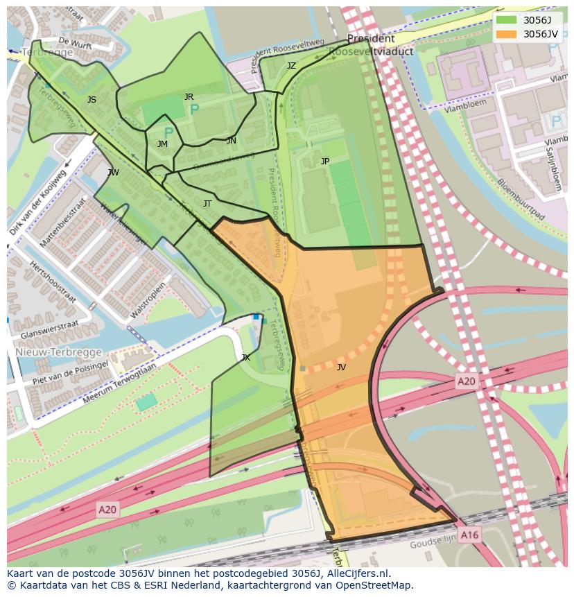 Afbeelding van het postcodegebied 3056 JV op de kaart.