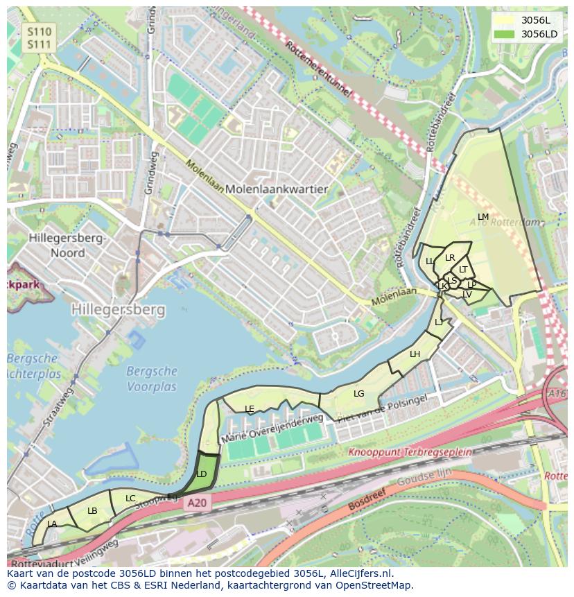 Afbeelding van het postcodegebied 3056 LD op de kaart.