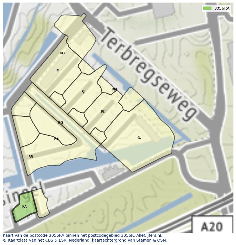 Afbeelding van het postcodegebied 3056 RA op de kaart.