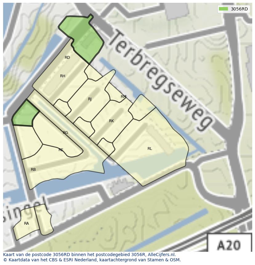 Afbeelding van het postcodegebied 3056 RD op de kaart.