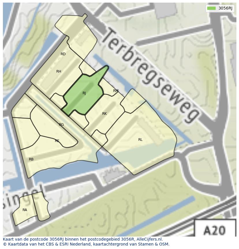 Afbeelding van het postcodegebied 3056 RJ op de kaart.