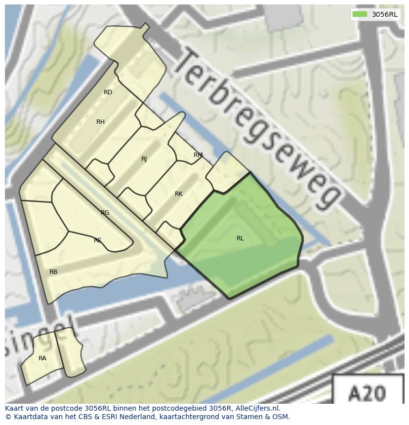 Afbeelding van het postcodegebied 3056 RL op de kaart.