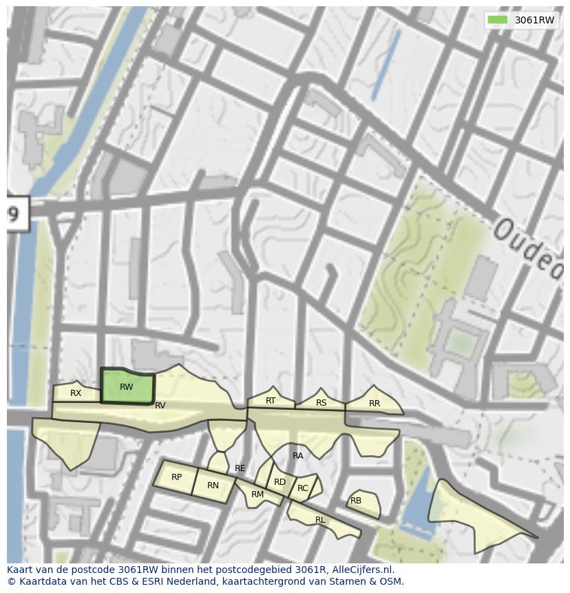 Afbeelding van het postcodegebied 3061 RW op de kaart.