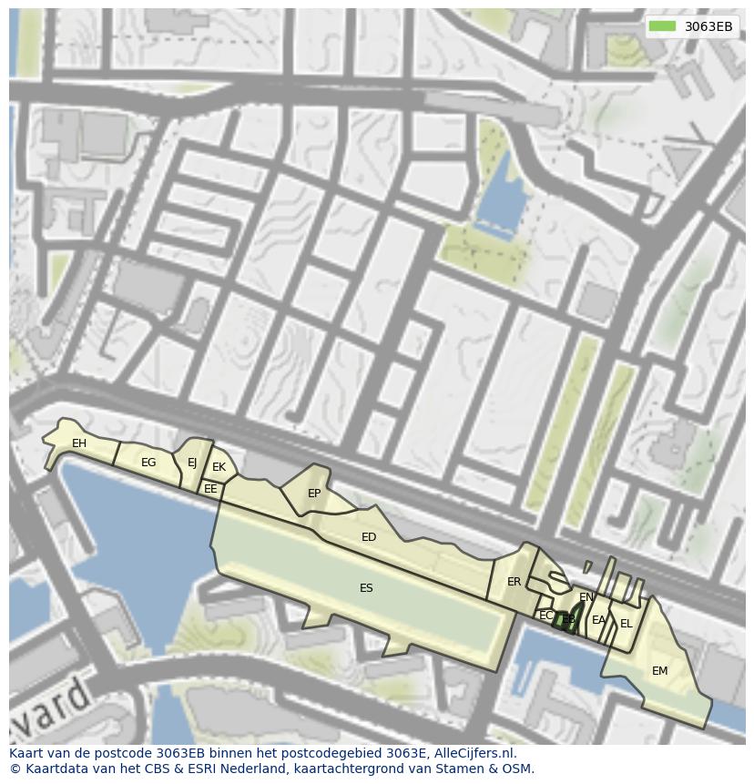Afbeelding van het postcodegebied 3063 EB op de kaart.