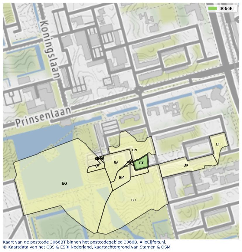 Afbeelding van het postcodegebied 3066 BT op de kaart.