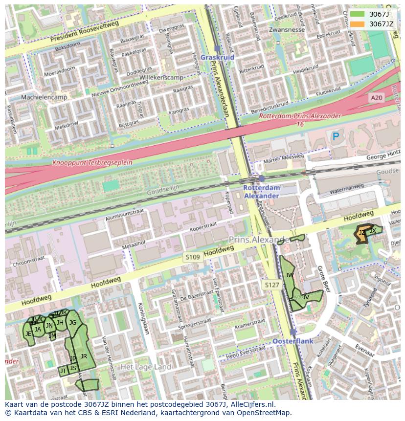 Afbeelding van het postcodegebied 3067 JZ op de kaart.