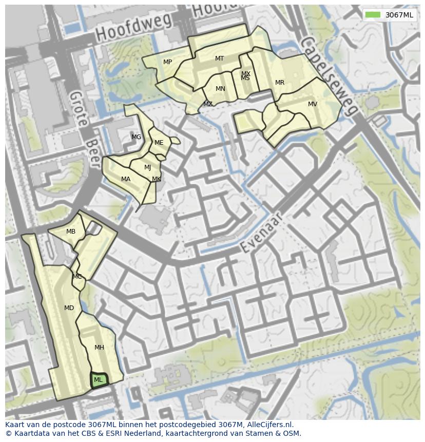 Afbeelding van het postcodegebied 3067 ML op de kaart.