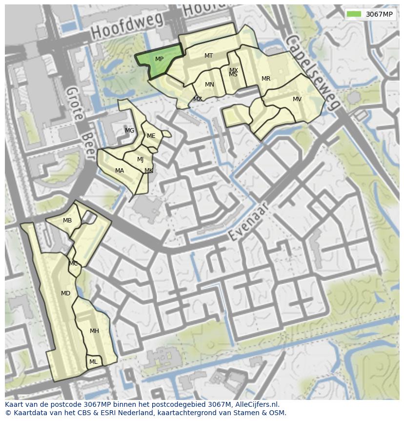 Afbeelding van het postcodegebied 3067 MP op de kaart.
