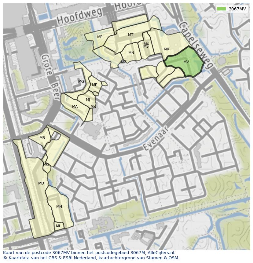 Afbeelding van het postcodegebied 3067 MV op de kaart.