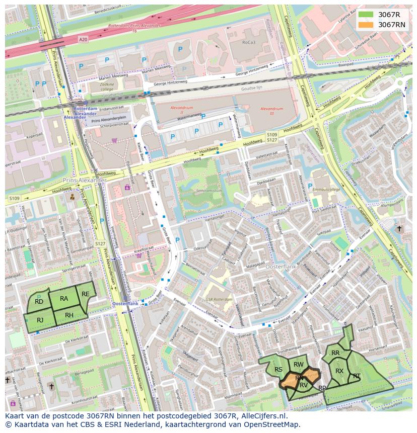 Afbeelding van het postcodegebied 3067 RN op de kaart.