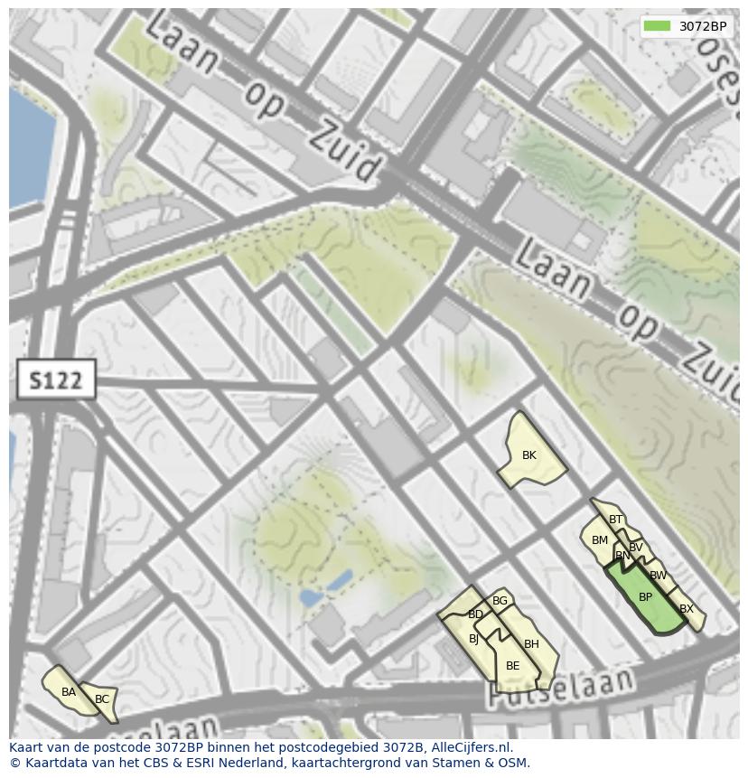 Afbeelding van het postcodegebied 3072 BP op de kaart.