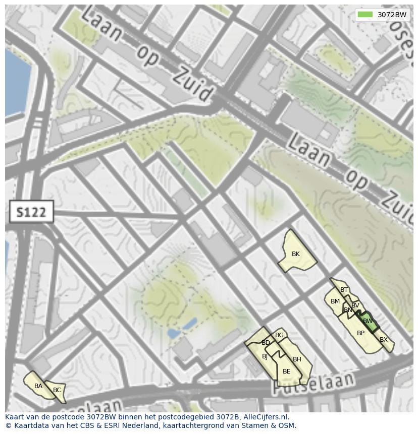 Afbeelding van het postcodegebied 3072 BW op de kaart.