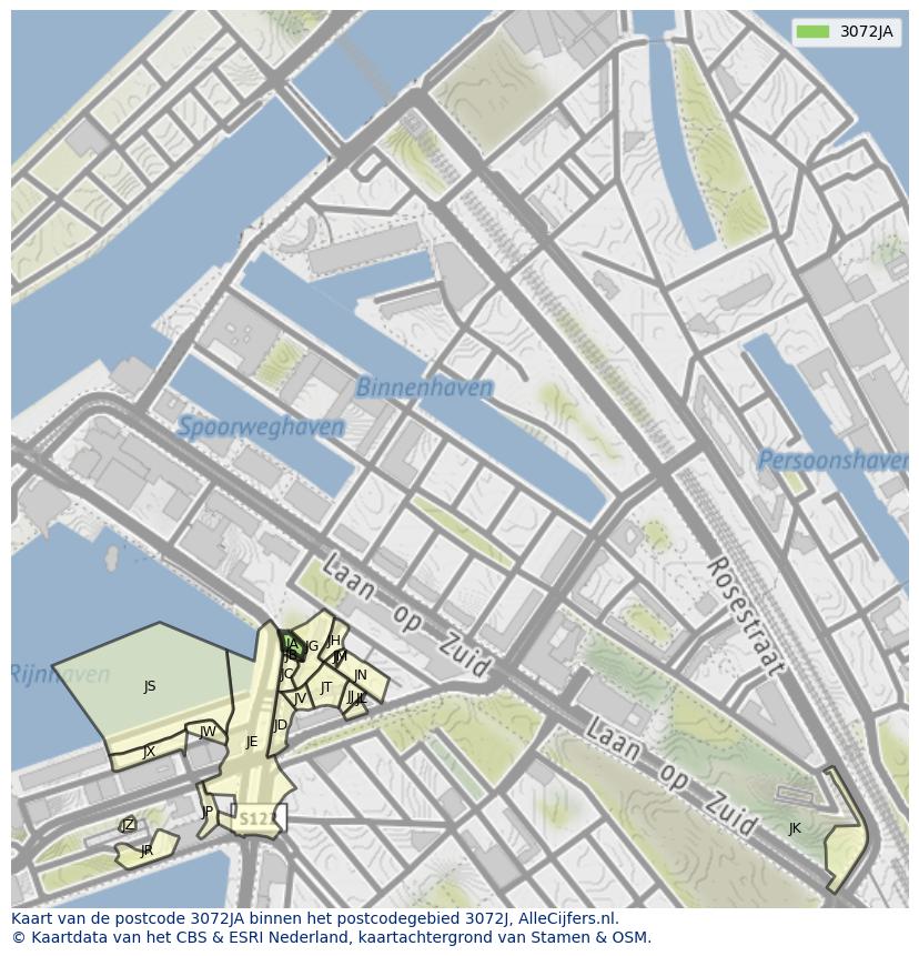 Afbeelding van het postcodegebied 3072 JA op de kaart.
