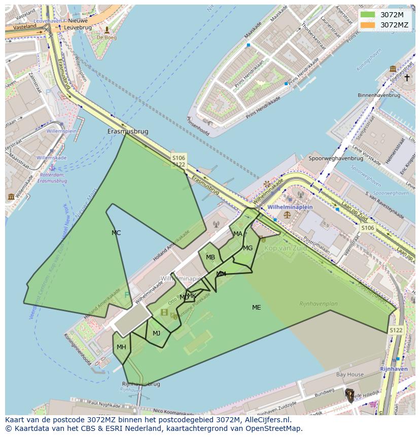 Afbeelding van het postcodegebied 3072 MZ op de kaart.