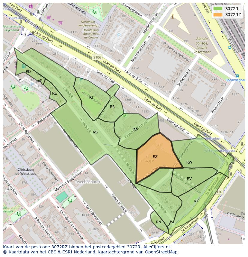 Afbeelding van het postcodegebied 3072 RZ op de kaart.
