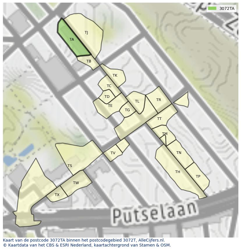 Afbeelding van het postcodegebied 3072 TA op de kaart.