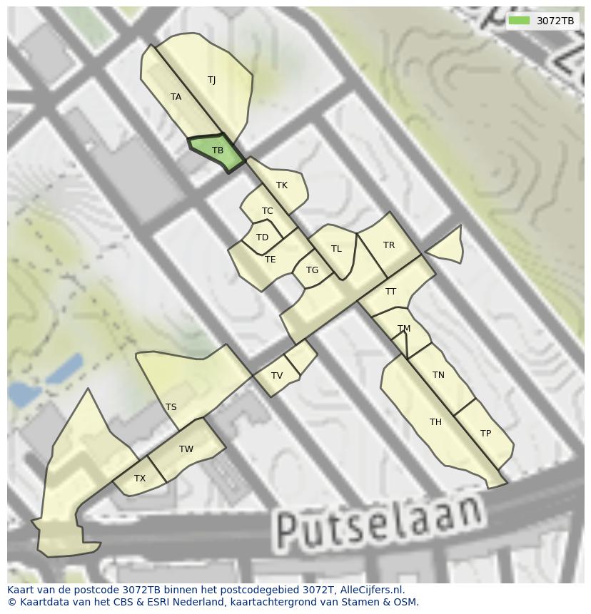 Afbeelding van het postcodegebied 3072 TB op de kaart.