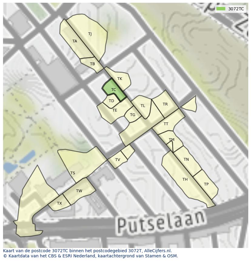 Afbeelding van het postcodegebied 3072 TC op de kaart.