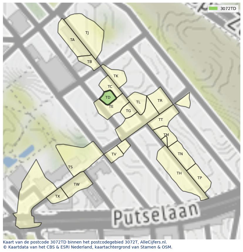 Afbeelding van het postcodegebied 3072 TD op de kaart.