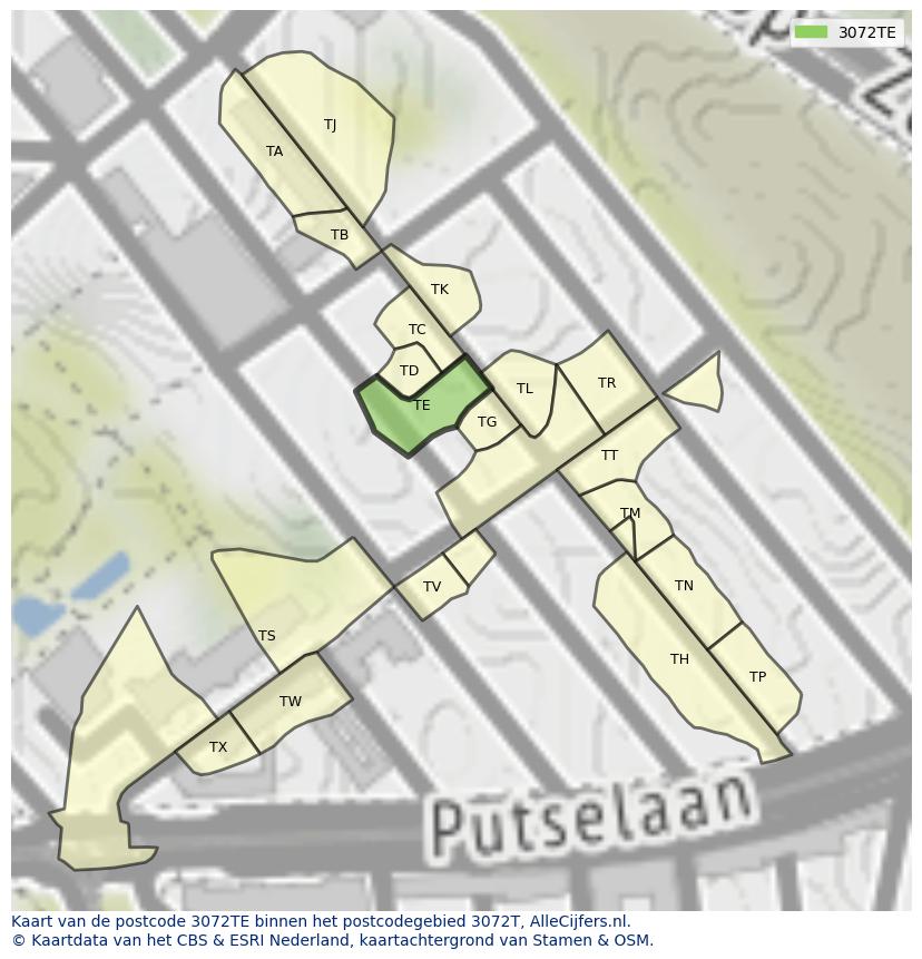 Afbeelding van het postcodegebied 3072 TE op de kaart.