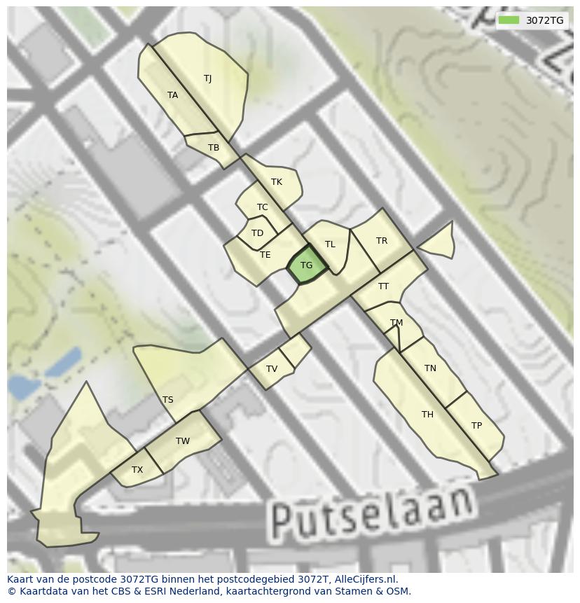Afbeelding van het postcodegebied 3072 TG op de kaart.