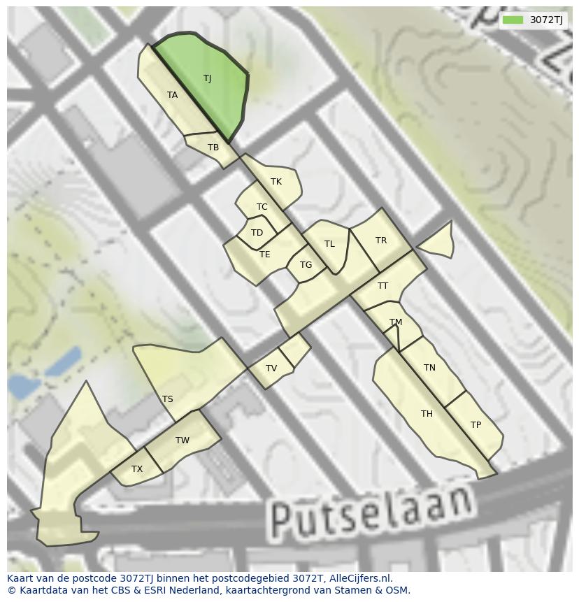 Afbeelding van het postcodegebied 3072 TJ op de kaart.