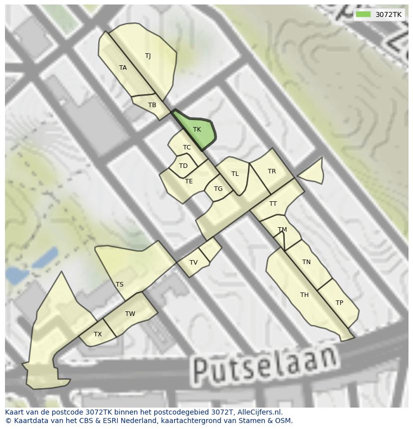 Afbeelding van het postcodegebied 3072 TK op de kaart.