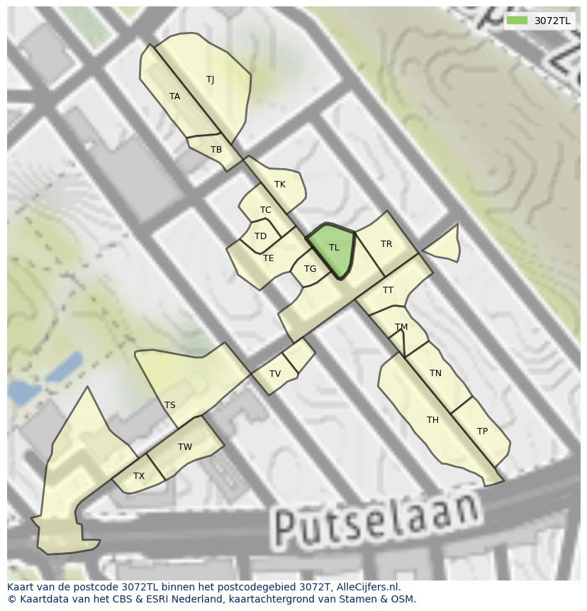 Afbeelding van het postcodegebied 3072 TL op de kaart.