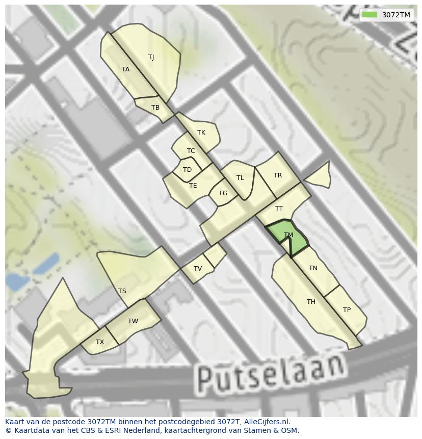 Afbeelding van het postcodegebied 3072 TM op de kaart.