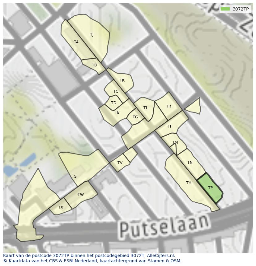 Afbeelding van het postcodegebied 3072 TP op de kaart.