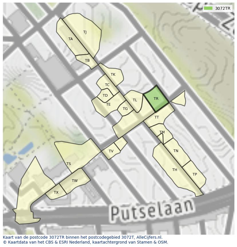 Afbeelding van het postcodegebied 3072 TR op de kaart.