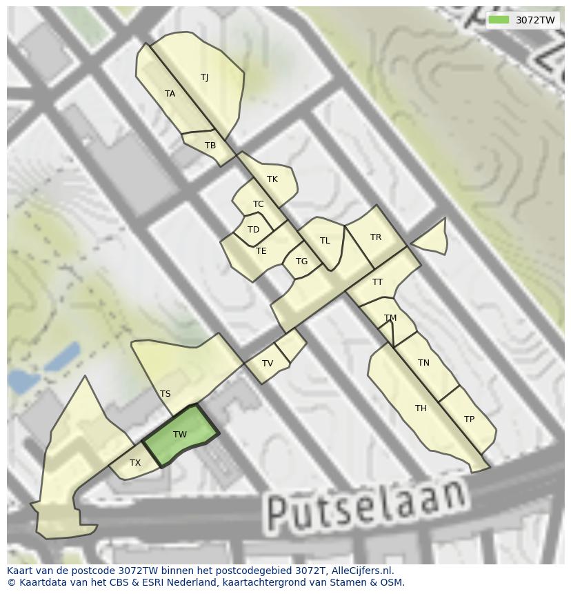 Afbeelding van het postcodegebied 3072 TW op de kaart.
