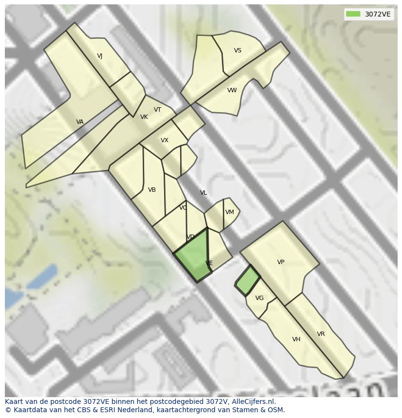 Afbeelding van het postcodegebied 3072 VE op de kaart.