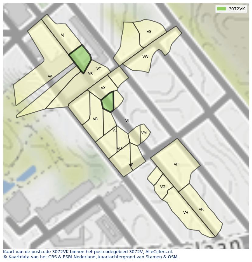 Afbeelding van het postcodegebied 3072 VK op de kaart.
