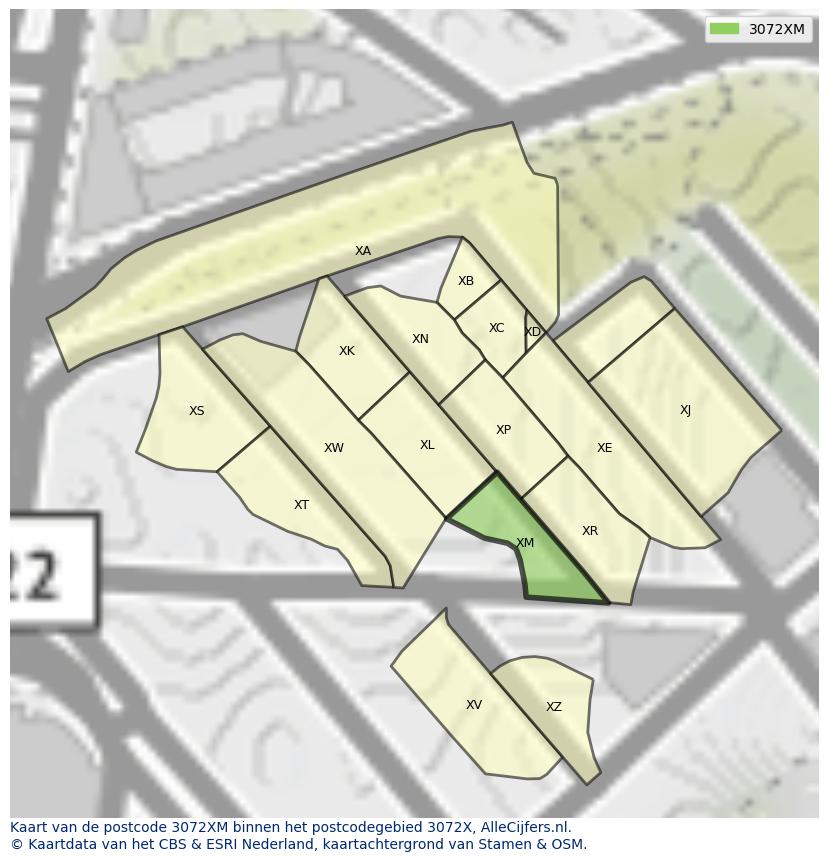 Afbeelding van het postcodegebied 3072 XM op de kaart.
