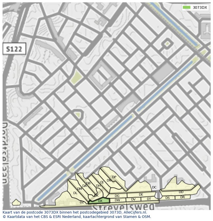 Afbeelding van het postcodegebied 3073 DX op de kaart.