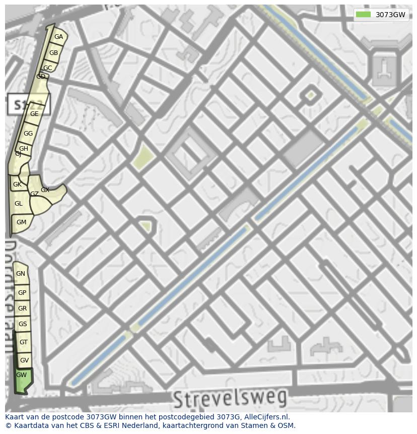 Afbeelding van het postcodegebied 3073 GW op de kaart.