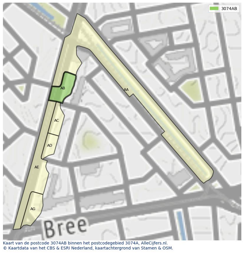 Afbeelding van het postcodegebied 3074 AB op de kaart.