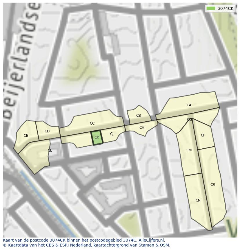 Afbeelding van het postcodegebied 3074 CK op de kaart.