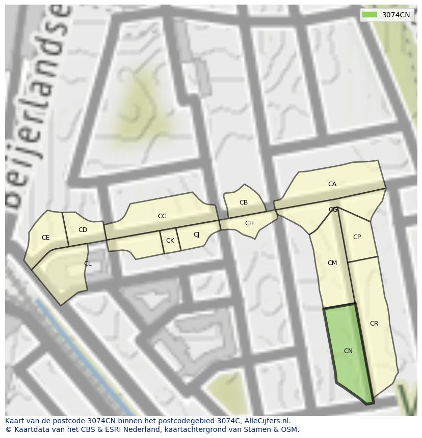 Afbeelding van het postcodegebied 3074 CN op de kaart.