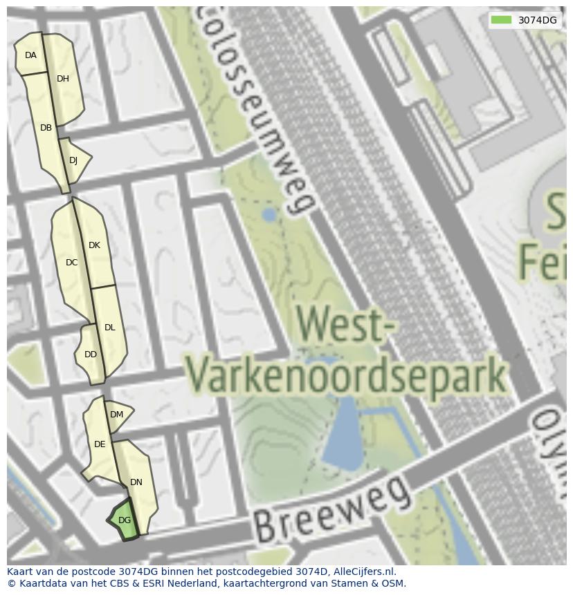 Afbeelding van het postcodegebied 3074 DG op de kaart.