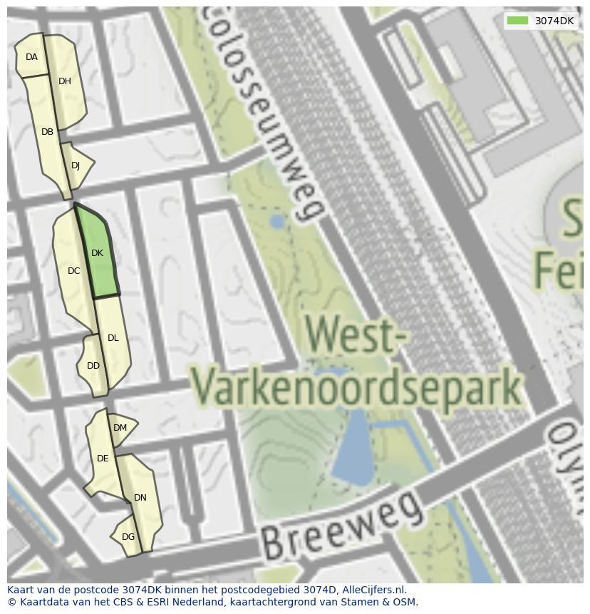 Afbeelding van het postcodegebied 3074 DK op de kaart.