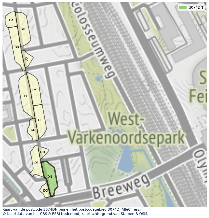 Afbeelding van het postcodegebied 3074 DN op de kaart.