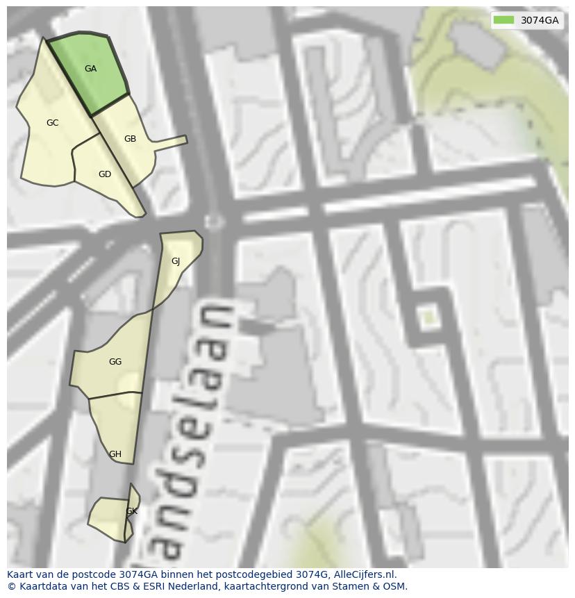 Afbeelding van het postcodegebied 3074 GA op de kaart.