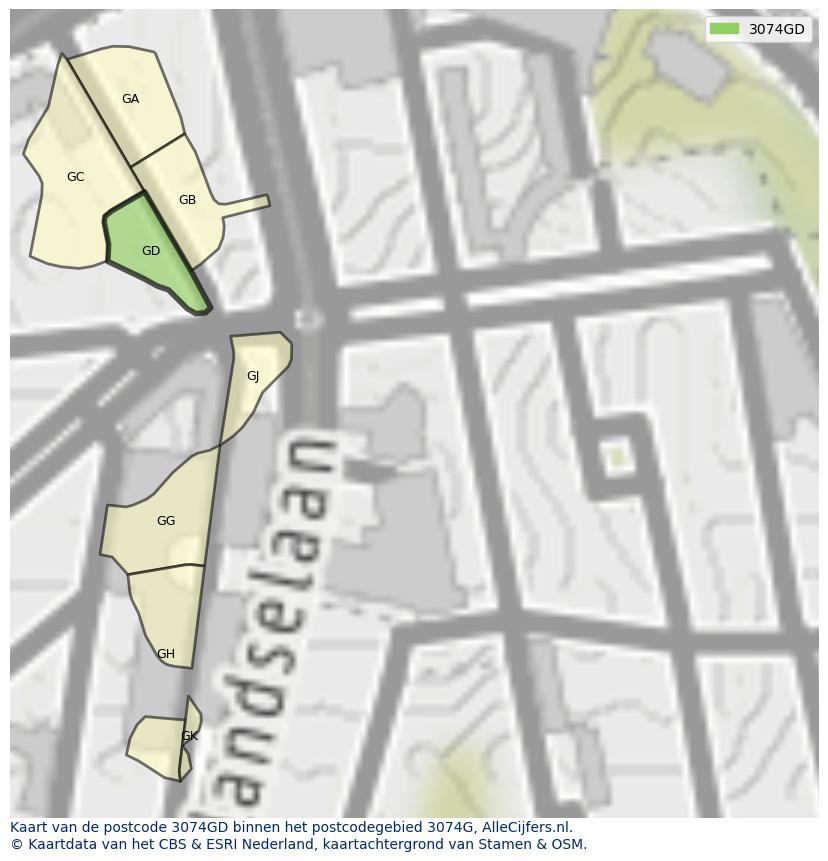 Afbeelding van het postcodegebied 3074 GD op de kaart.